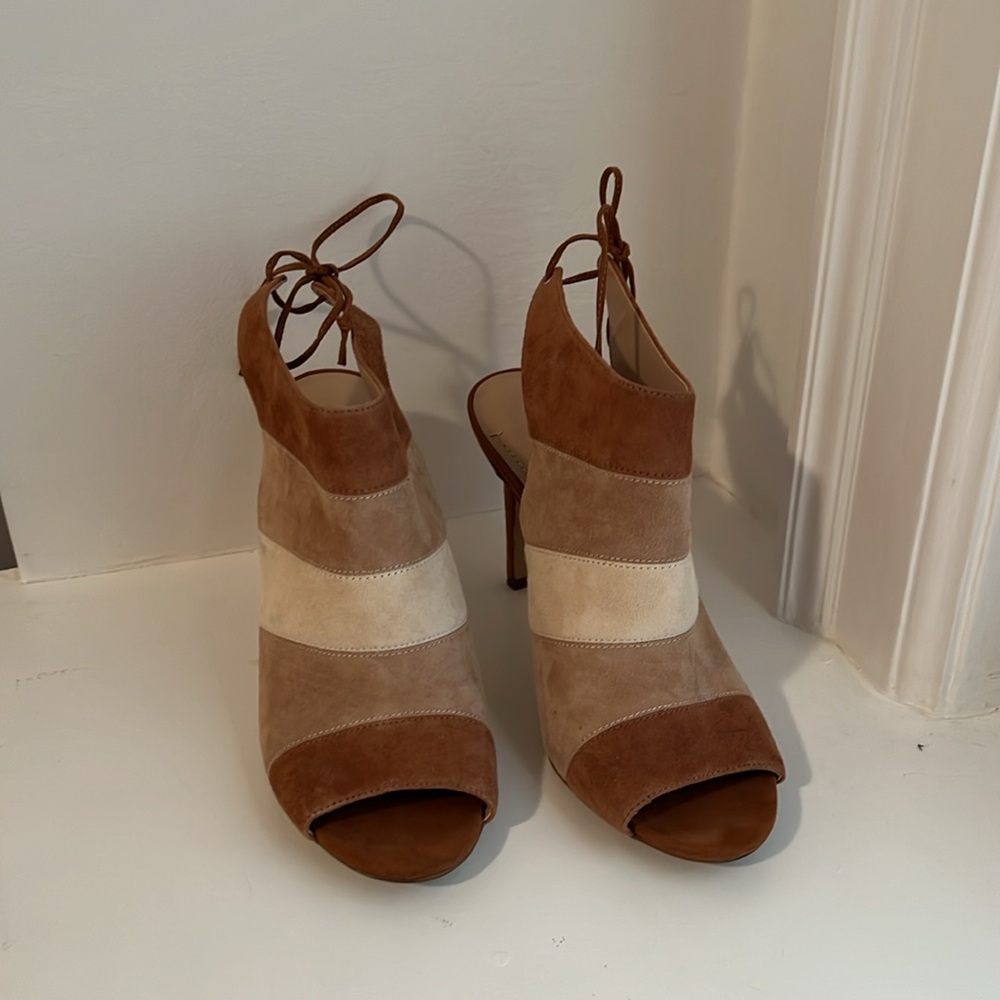 BCBGeneration Meirin Suede striped heels  size 8M / 38  brown cream tan